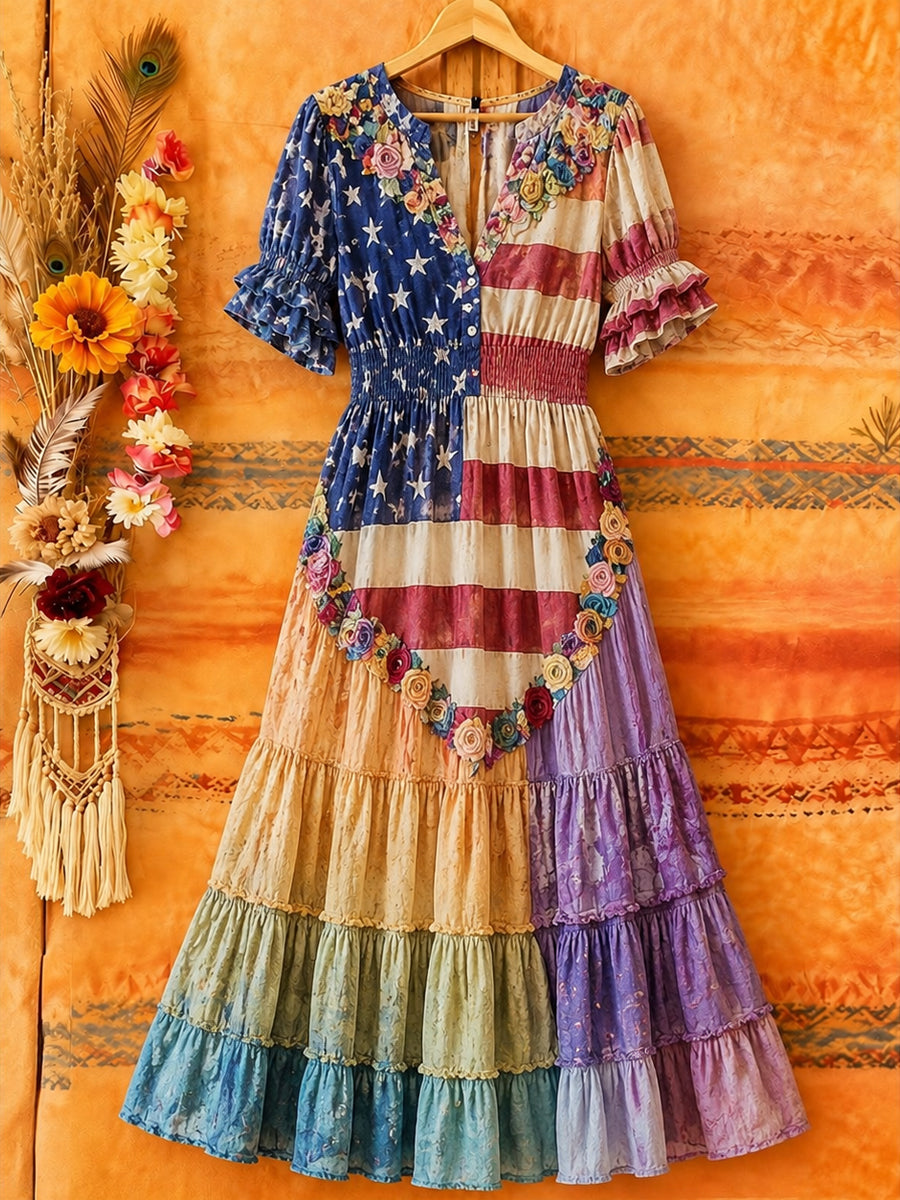 Women's Retro Art Print Washed Cotton Lace Patchwork Midi Dress